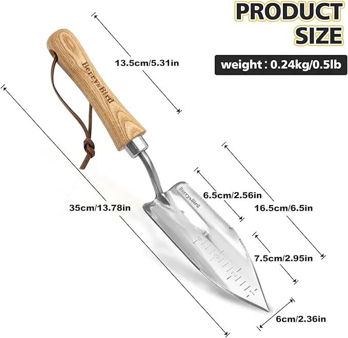 Berry&Bird Potting Trowel, Stainless Steel Serrated Hand Shovel, Wood Handle Garden Trowel Tool with Measuring Scale for Effortless Digging,Roots，Planting, Cutting and Transplanting by GreenHaven Gardens