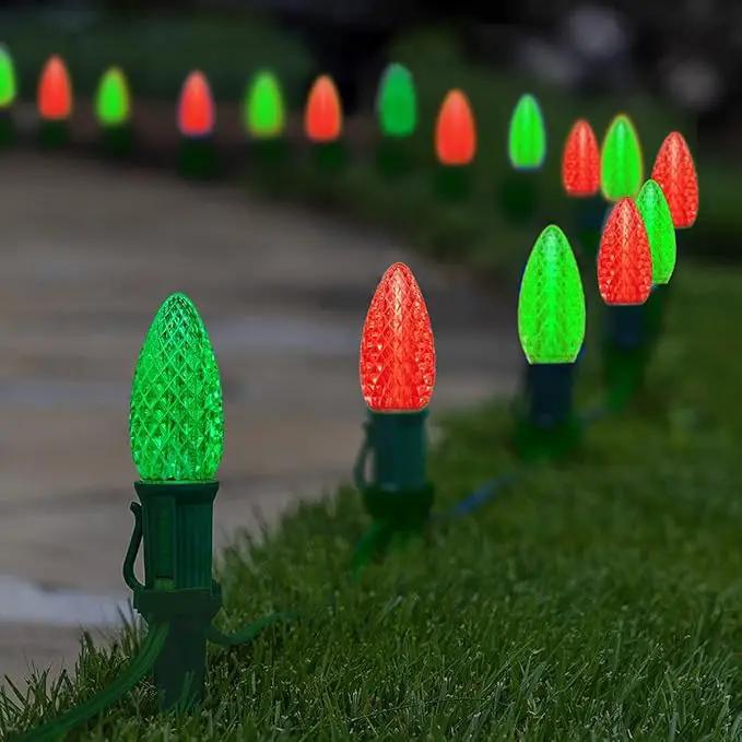 C9 Christmas Pathway Lights with Stakes,Red Green,30 Ft 20 Strawberry LED Bulbs and Stakes,Connectable Shatterproof Outdoor Lights Marker for Xmas Yard Garden Path Lawn Walkway Sidewalk by GreenHaven Gardens