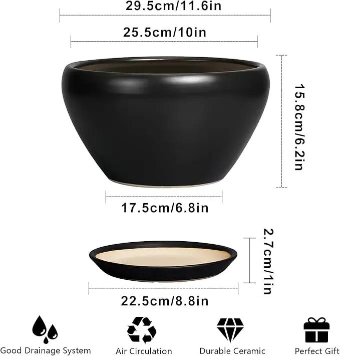 Ceramic Pot for Plants - 11 Inch Plant Pot Indoor with Drainage Hole and Saucer Large Planter Decorative Planter Modern Outdoor Flower Pot for House Balcony Black by GreenHaven Gardens