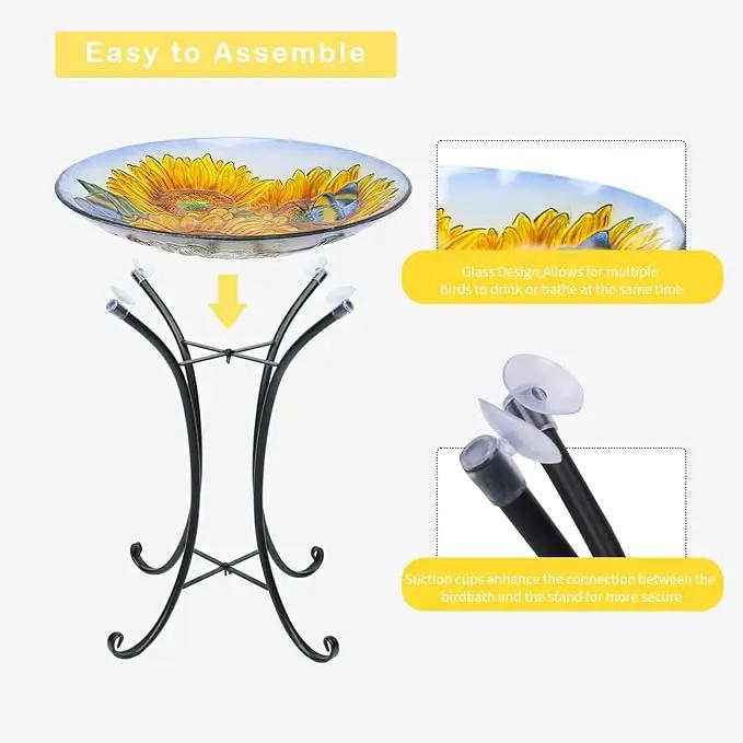 VCUTEKA Bird Baths for Outdoors, Glass Bird Bath with Metal Standing for Garden, Yards Patio Décor, Bird Lovers Gift, Sunflower Glass Birdbath Detachable (22" H * 18" W) by GreenHaven Gardens