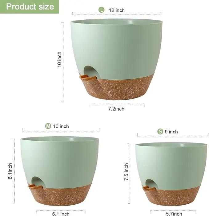 Big Self Watering Pots 12/10/9 inch, Planter, Plant Pots with Mesh Drainage Holes for Indoor Outdoor Garden Plants, Plastic Flower Pots with Removable Deep Reservoir, Green with Brown by GreenHaven Gardens
