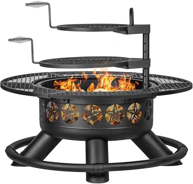 47 Inch Outdoor Fire Pit with 2 Grills, Extra Large BBQ Firepits for Outside, Metal Round Fire pits with Lid&Fire Poker,3 in 1 Wood Burning Outdoor Fireplaces for Backyard,Patio,Bonfire by GreenHaven Gardens