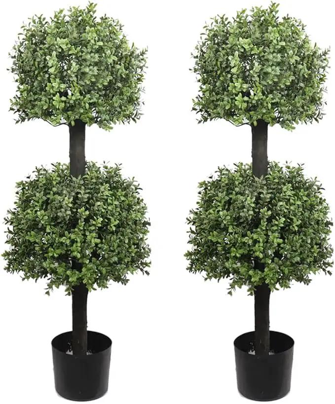 Artificial Topiary Trees Outdoor Boxwood Double Ball 40''T Potted Plants Home Decor 2 Pack by GreenHaven Gardens