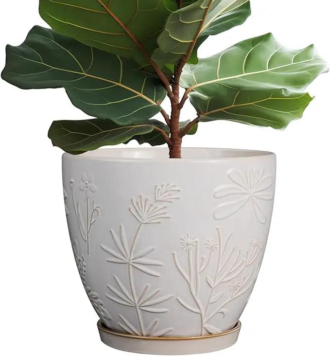 10 Inch Plant Pot Ceramic Planter Pot with Drainage Hole and Saucer Round Planter Large Flower Pot for Indoor Outdoor Plants Home Garden Decor White by GreenHaven Gardens