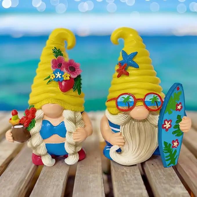 Spring & Summer-Themed Garden Statues – Adorable Outdoor Decor for Lawn, Patio & Porch (Tropical Beach Gnome Duo Figurine Set, Cute 6" Summer Decoration Garden Statue) by GreenHaven Gardens