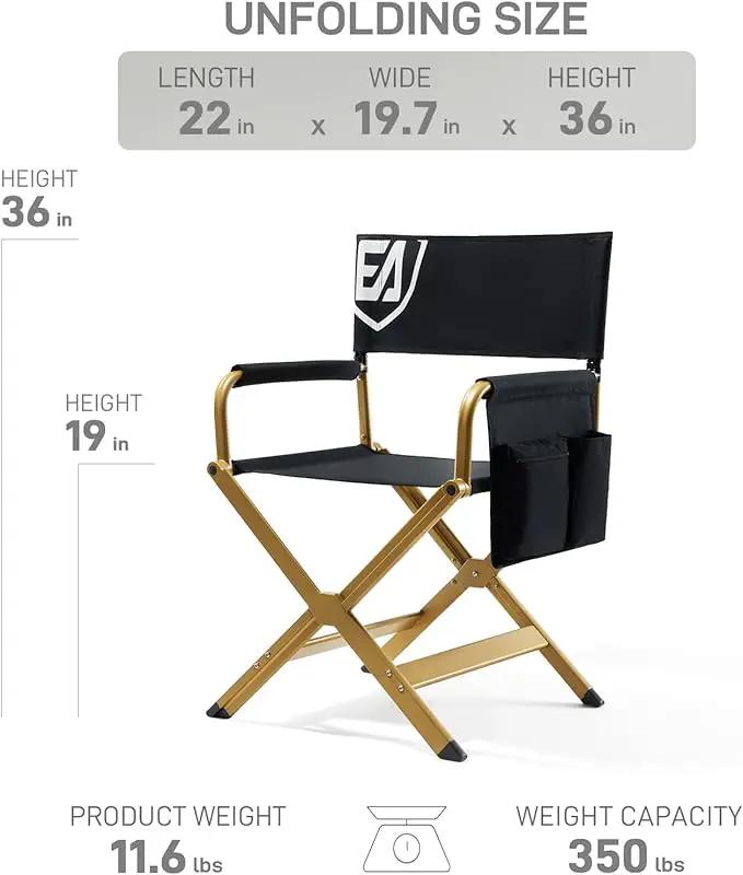 EVER ADVANCED Aluminum Directors Chair, Folding Studio Movie Chairs Camping Event Vendor Chair, 19" Seat Height Black Fabric/Golden Frame, Support 350lbs by GreenHaven Gardens