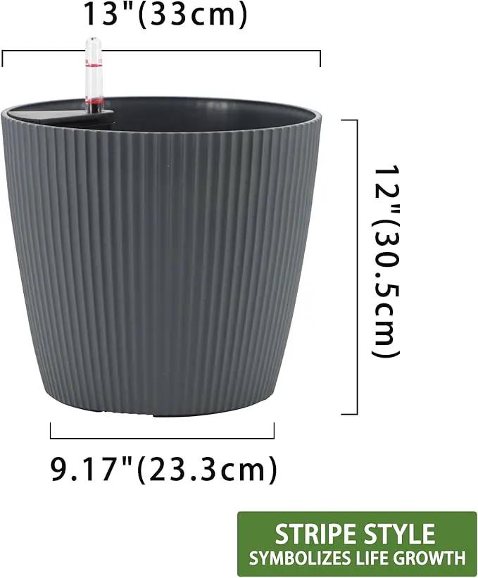 Dexceder 13x12 Self Watering Planters Indoor, Inner Mat Design, Floor Standing Flower Plant Pot with Water Level Indicator (2 Pack, Gray) by GreenHaven Gardens