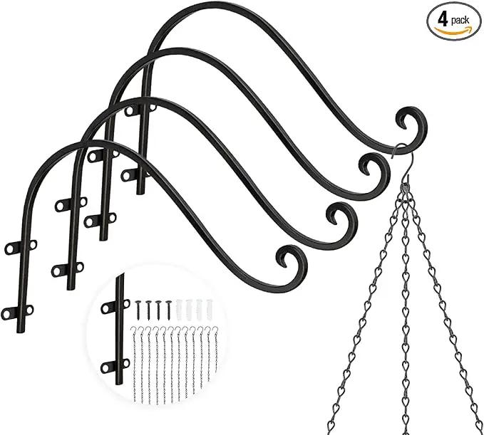 Plant Hangers Outdoor, 4 Pack 12 Inch Plant Hooks with 12 Chains for Wall Metal Plants Hanging Bracket for Bird Feeder, Flower Baskets, Wind Chimes, Lanterns, Indoor Outdoor, Black by GreenHaven Gardens