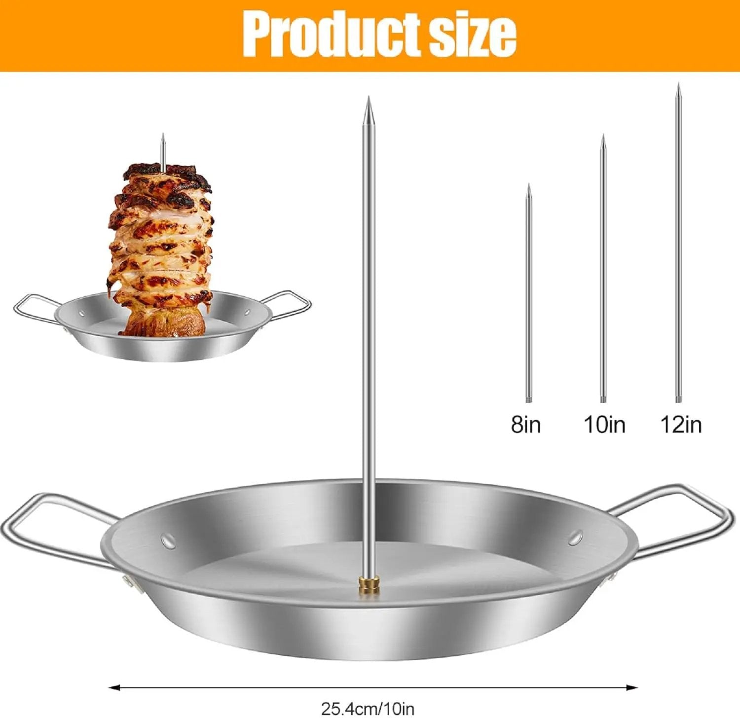 Vertical Skewer Pan, BBQ Skewer for Al Pastor, Stainless Steel Vertical Spit Stand with 3 Removable Spikes (8" / 10" / 12") for Oven Grill Use, for Shawarma Kebabs Tacos Barbecue Dishes by GreenHaven Gardens
