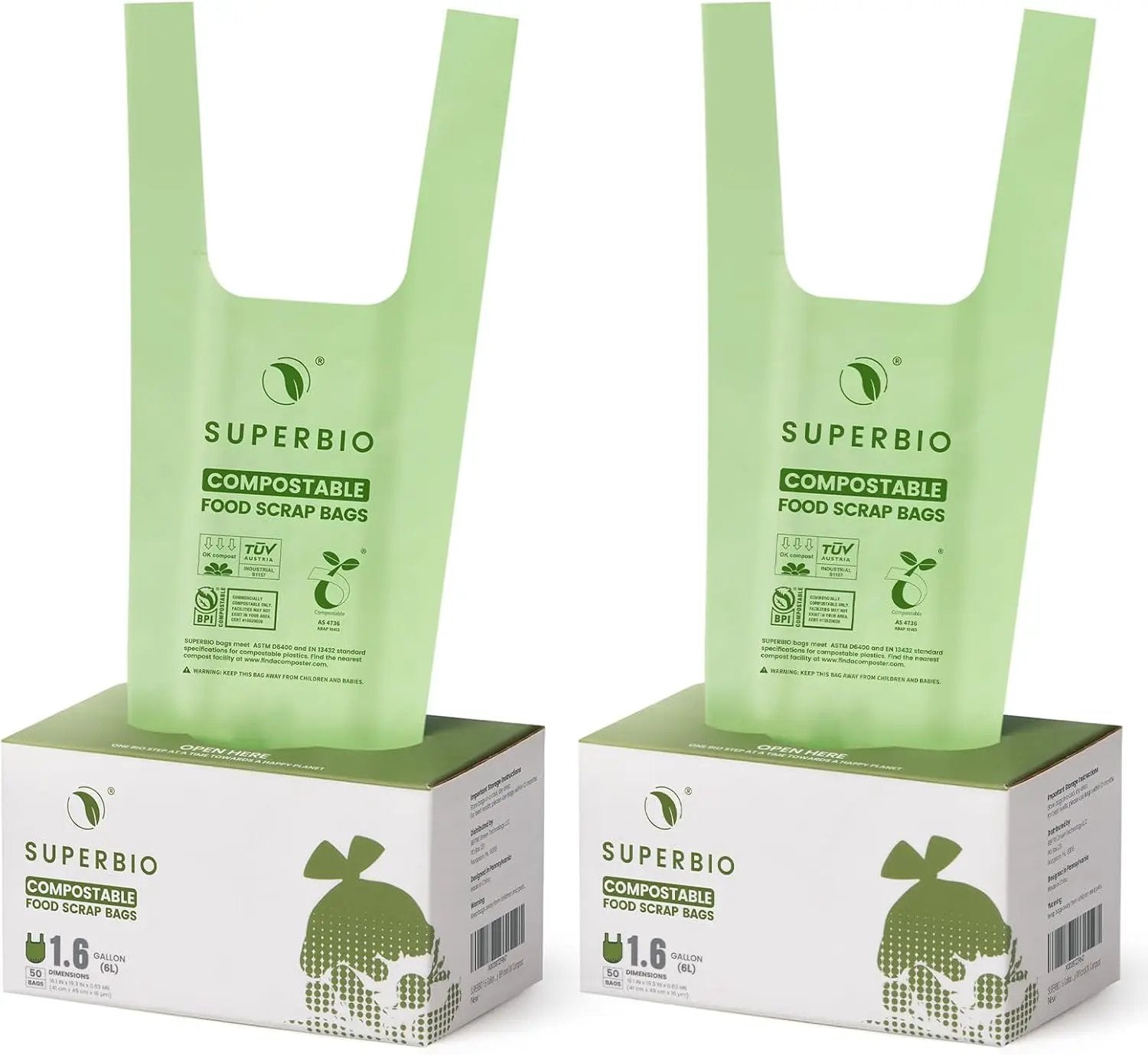 SUPERBIO 1.6 Gallon Handle Tie Compostable Food Scrap Bags, Small Compost Bags with Handles, 50 Count, 2 Pack, BPI & OK compost INDUSTRIAL by GreenHaven Gardens