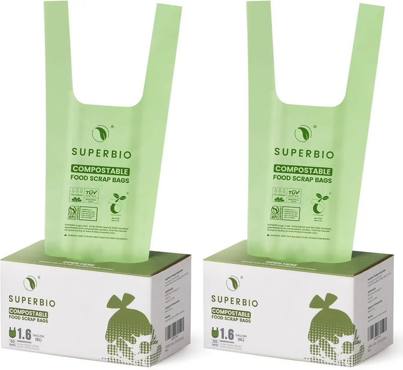 SUPERBIO 1.6 Gallon Handle Tie Compostable Food Scrap Bags, Small Compost Bags with Handles, 50 Count, 2 Pack, BPI & OK compost INDUSTRIAL by GreenHaven Gardens