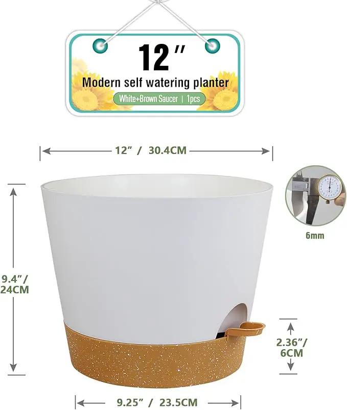 12 inch Large Self Watering Pots for Indoor Outdoor Plants, Flower Plant Pots with Drainage Holes for Garden House Plants, Plastic Planters with Reservoir for Home Plants, White with Brown by GreenHaven Gardens