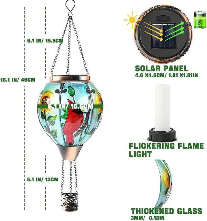 Hot Air Balloon Solar Lantern - Cardinal Bird Glass Lantern with Simulated Flickering Flame, Outdoor Hanging Yard Light Waterproof IP65 & Weather Resistant for Garden Patio Lawn Porch Decor Gfit by GreenHaven Gardens