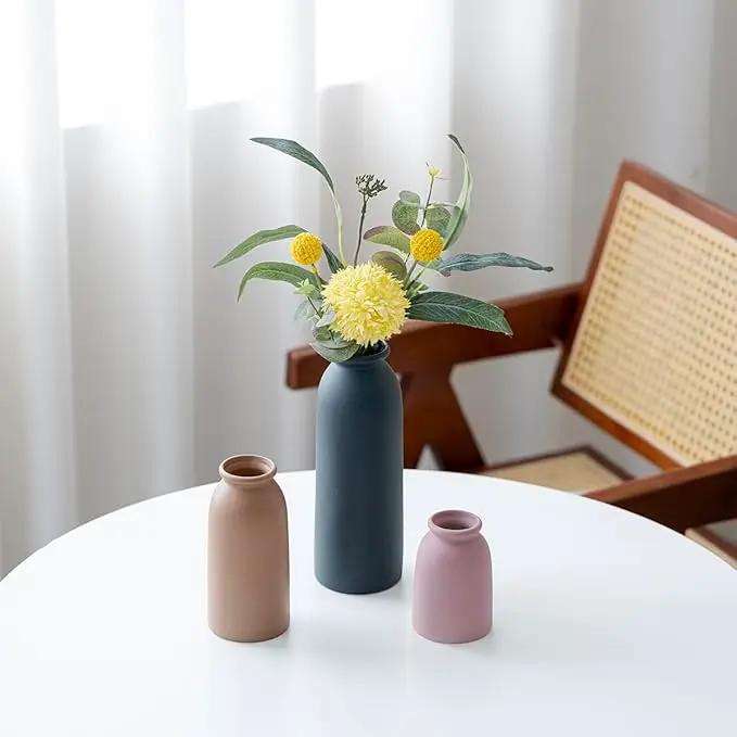 Ceramic Vase Set-3, Small Flower Vases for Decor, Modern Boho Farmhouse Style, Decorative Vases for Pampas Grass & Dried Flowers, Distressed Finish (Light Coffee) by GreenHaven Gardens