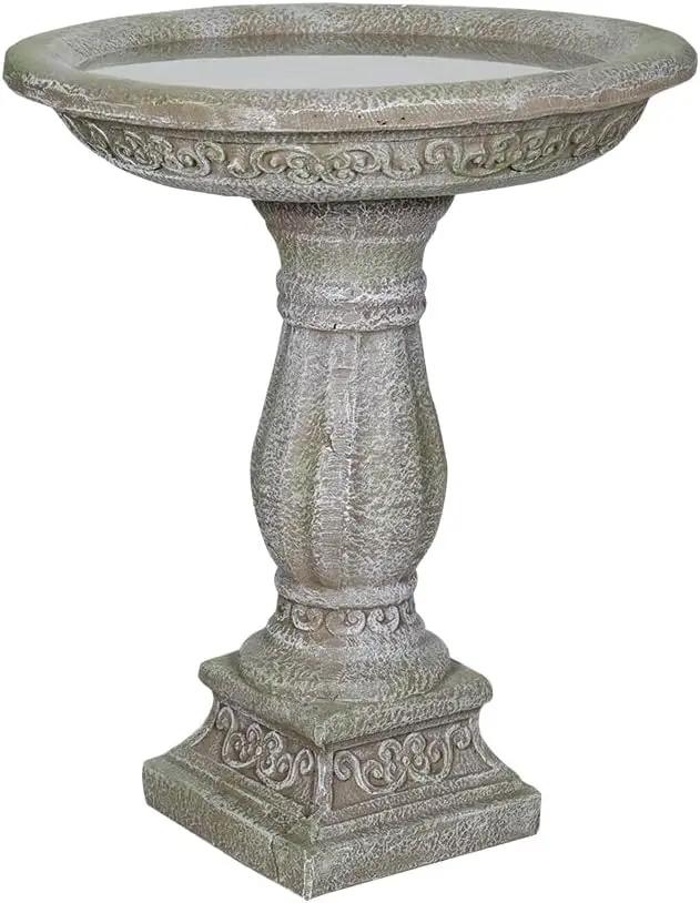 SunJet 23.8” H x 20” Dia Outdoor Birdbath with Exquisite Carvings Pedestal - Fibre Reinforced Concrete Birdbaths, Neoclassical Style Design for Garden Decor & Bird Attraction by GreenHaven Gardens