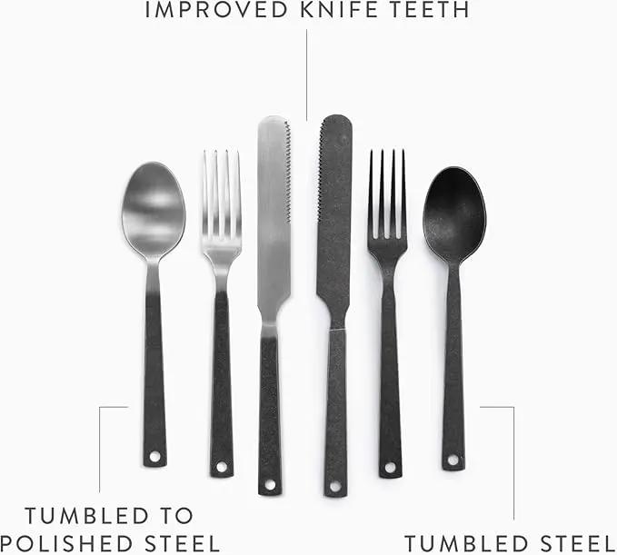 Barebones Flatware Silverware Set - Formal Polished Camping Utensils - Stainless Steel Cutlery Set of 6 - Camping Utensil Set with Forks, Knives, and Spoons (Silver)