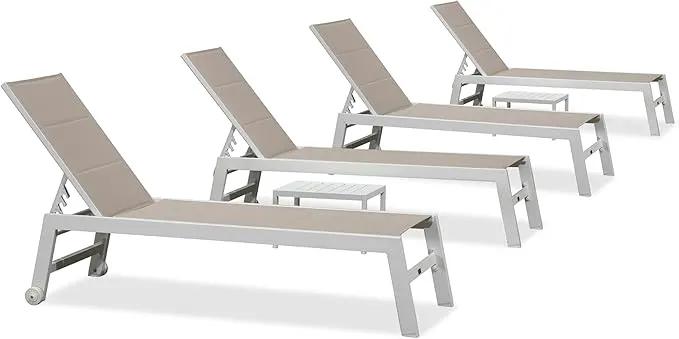 PURPLE LEAF Outdoor Chaise Lounge Adjustable Sunbathing Recliner with Side Table Khaki 2 Sets by GreenHaven Gardens