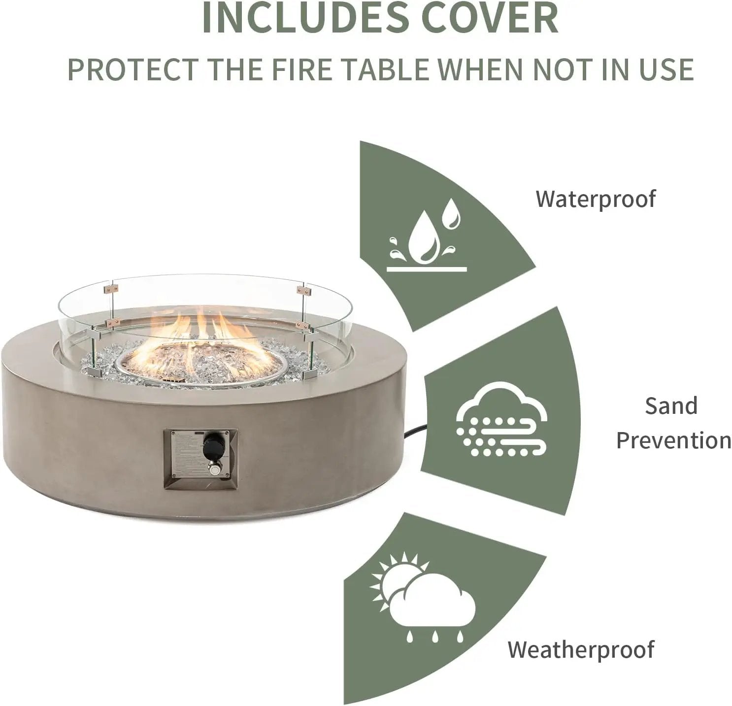 COSIEST Outdoor Propane Fire Pit Coffee Table w Gray 42 inch Round Base Patio Heater, CSA Certified, 50,000 BTU Stainless Steel Burner, Wind Guard, Transparent Gray Fire Glass, Rain Cover by GreenHaven Gardens