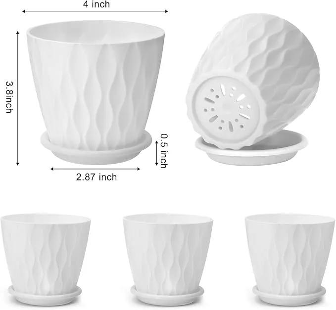 4 inch Plant Pots, 5 Pack Flower Pots Outdoor Indoor, Planters with Drainage Holes and Tray Saucers（White） by GreenHaven Gardens