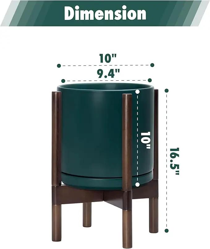 D'vine Dev Ceramic Planter with Walnut Color Stand - 10 Inch Modern Round Flower Pot with Wood Planter Holder, Teal, 55-B-X-4 by GreenHaven Gardens