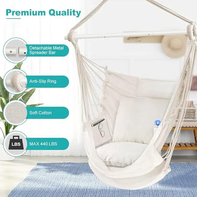 Outerman Hammock Chair, Hanging Chair with 3 Cushions and Foot Rest Support, Sturdy Metal Spreader Bar Max 440 Lbs, Swing Chair for Bedroom, Indoor & Outdoor, Patio, Porch or Tree（White） by GreenHaven Gardens