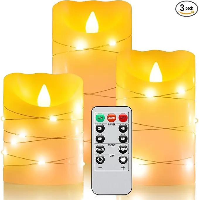 Flameless Flickering Candle, Pillar Candle,with Embedded String Lights,3 Pack LED Romantic Candle with Remote Control, Battery Operated Real Wax, Ideal for Wedding, Home decorand Holiday (Ivory) by GreenHaven Gardens