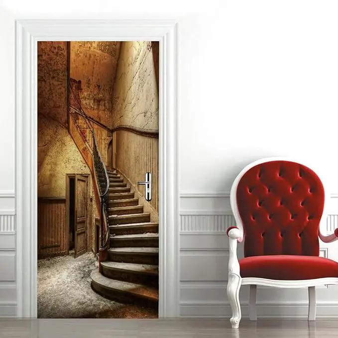 3D Peel and Stick Murals - Old Stairs - Wallpaper Self-Adhesive Decals - Removable PVC Waterproof Door Poster for Bedroom Living Room - 37.4 x 82.7 inch by GreenHaven Gardens