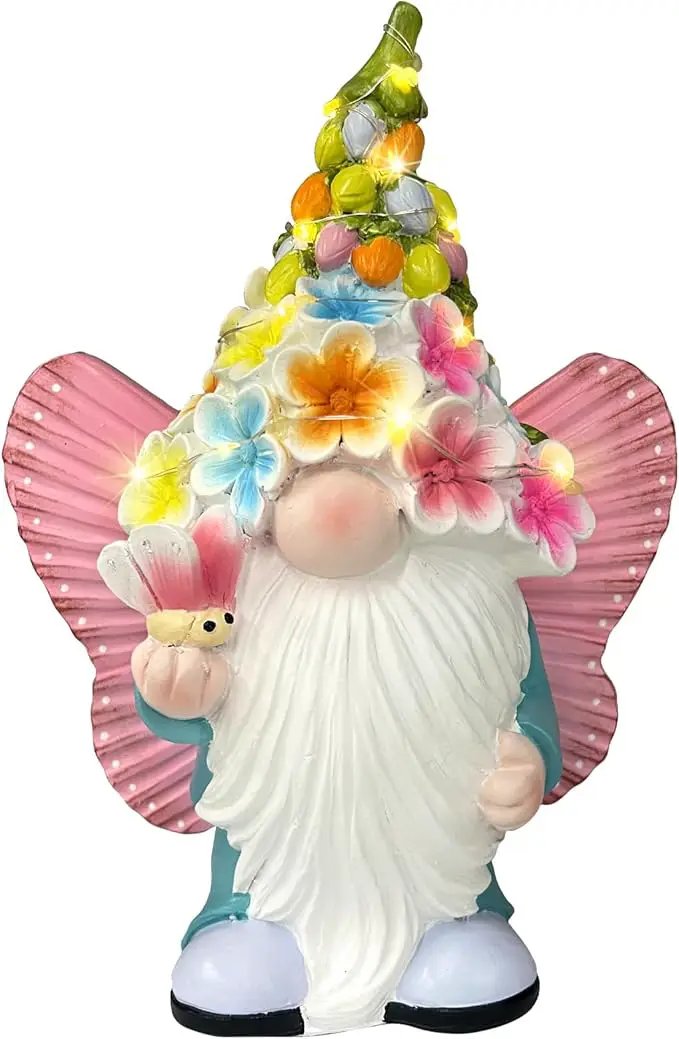 BAYN Garden Gnome Statues Outdoor Decor, Solar Powered Outdoor Gnome with Butterfly Wing Decorative Yard Garden Lights Art Gifts with 11 Warm White LEDs by GreenHaven Gardens