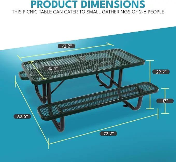 6 ft. Rectangular Outdoor Steel Picnic Table with Umbrella Pole, Heavy-Duty Weather-Resistant Dining Table for Patio, Backyard, and Garden, Rust-Resistant Finish, Green by GreenHaven Gardens