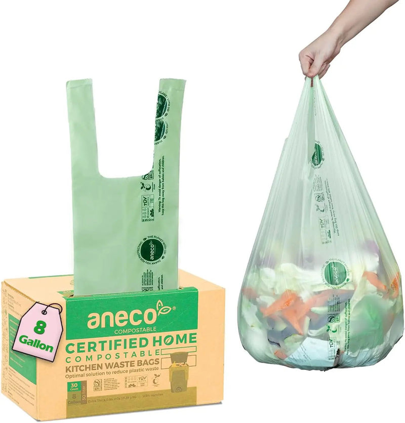 ANECO 8 Gallon Compostable Kitchen Food Waste Bags with Handles (30 Count), Leak-proof Compost Bags for Tall Kitchen Bin, Large 8 Gallon Bags Certified by BPI & OK Compost HOME by GreenHaven Gardens