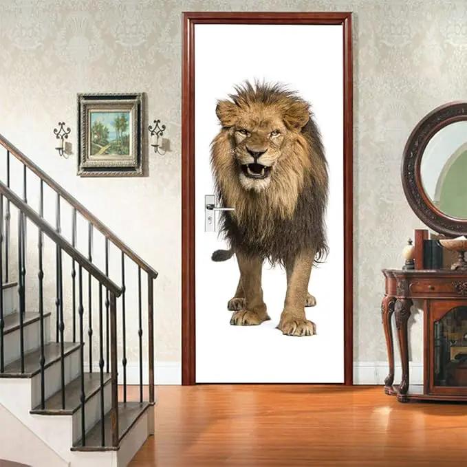 3D Lion Door Stickers - Peel & Stick - Waterproof & Washable - Matt Finish - Realistic Style - Brown - 34.6 x 78.7 Inch (2 Pieces) by GreenHaven Gardens