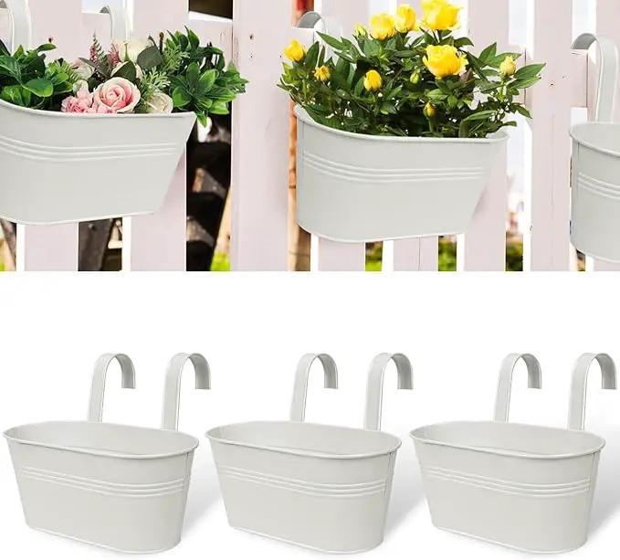 vensovo Metal Railing Planter for Outdoor Plants - 3 Pack Balcony Hanging Flower Pots with Detachable Hooks and Drain Holes Oval Bucket Rail Box Fence Planters for Home Garden Decor, White by GreenHaven Gardens