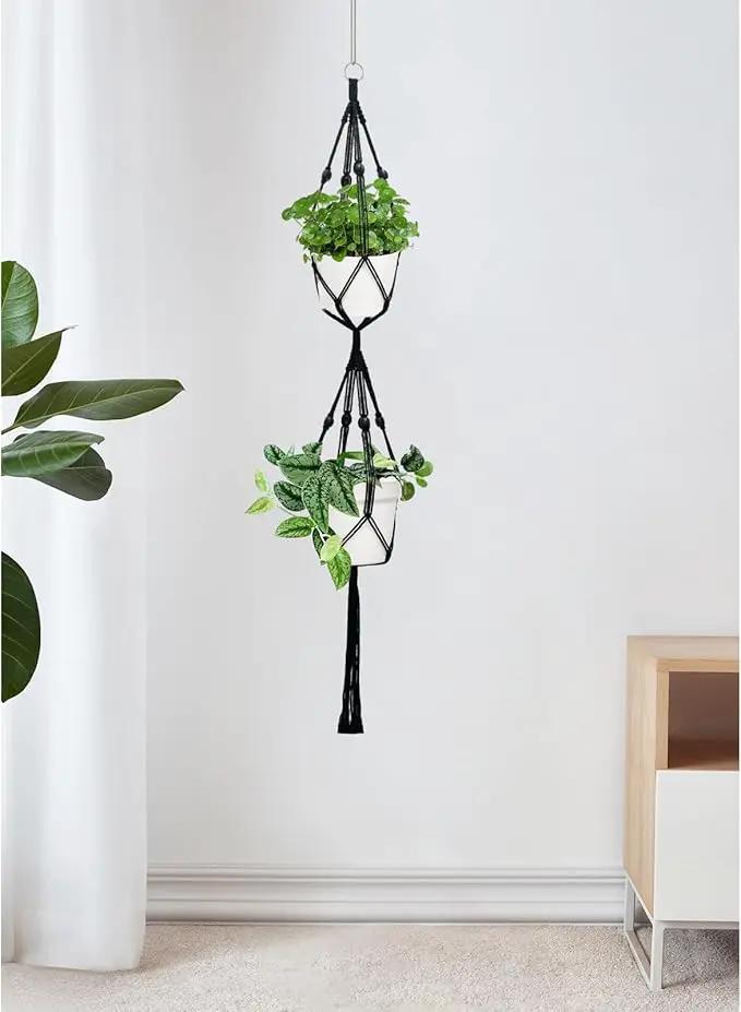Belit 2 Pack Double Macrame Plant Hangers 2 Tier Hanging Planter Basket Decorative Flower Pot Holder Rope for Indoor Outdoor Home Decor 51 Inch, Black by GreenHaven Gardens