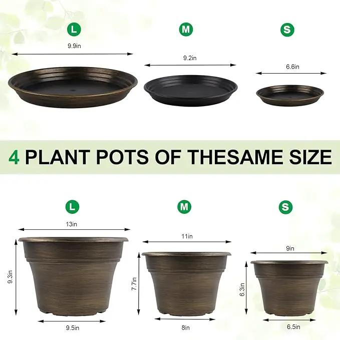 Plant Planters Pots Set of 4 Pack 13 Inch，Large Plastic Flower Pot for Indoor Plants with Drainage Holes & Trays, Resin Decorative Container Sets with Saucer for House Outdoor Garden Plant Dark Gold by GreenHaven Gardens