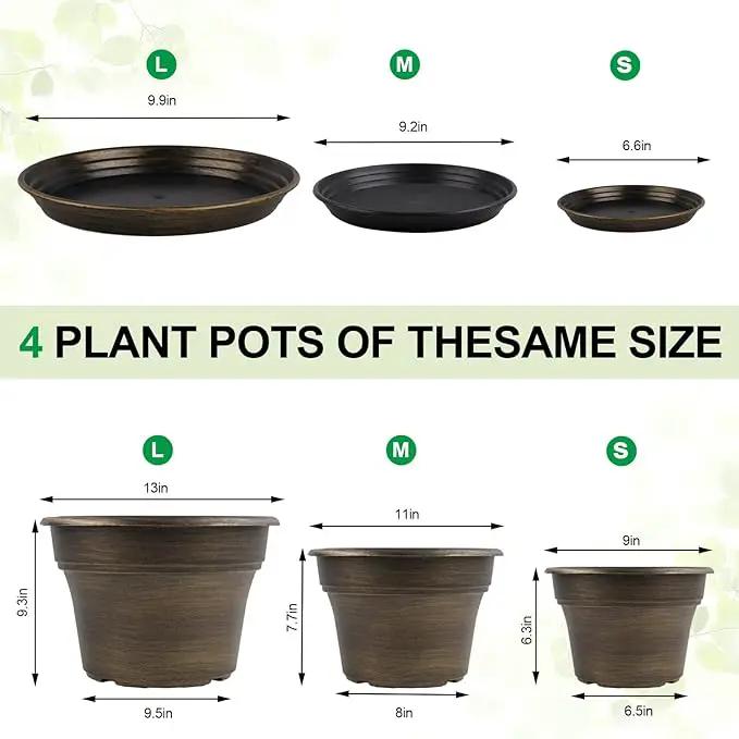 Plant Planters Pots Set of 4 Pack 9 Inch, Plastic Flower Pot for Indoor Plants with Drainage Holes & Trays, Resin Decorative Container Sets with Saucer for House Outdoor Garden Planters Dark Gold by GreenHaven Gardens