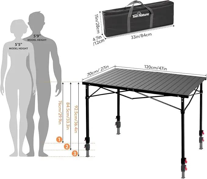 Portable Outdoor Adjustable Height Camping Table, Large for 2-6 Person, Foldable Roll-up Aluminum Camp Table with Carry Bag for Picnic, Camp, Sturdy, Stable, Loads 220 Lbs (Black) by GreenHaven Gardens