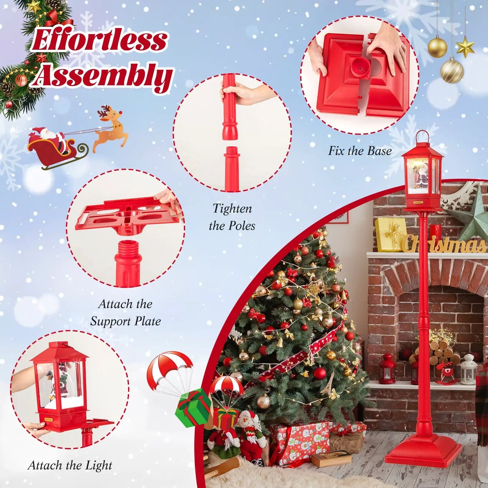 61 Inch Christmas Musical Street Lamp Post with Detachable Snow Globe Lantern-Red by DirectDeals