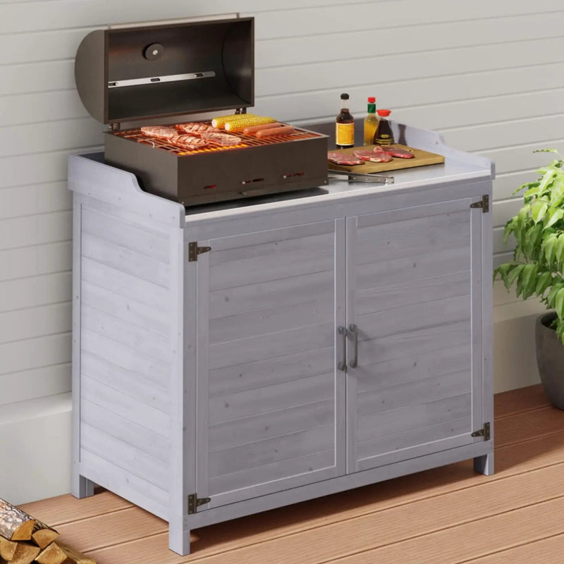 Gizoon Outdoor Potting Bench with Metal Tabletop, Outdoor Garden Patio Wooden Storage Cabinet with Adjustable Shelf, Double Doors Garden Work Bench for Backyard, Patio, Lawn - Grey by GreenHaven Gardens