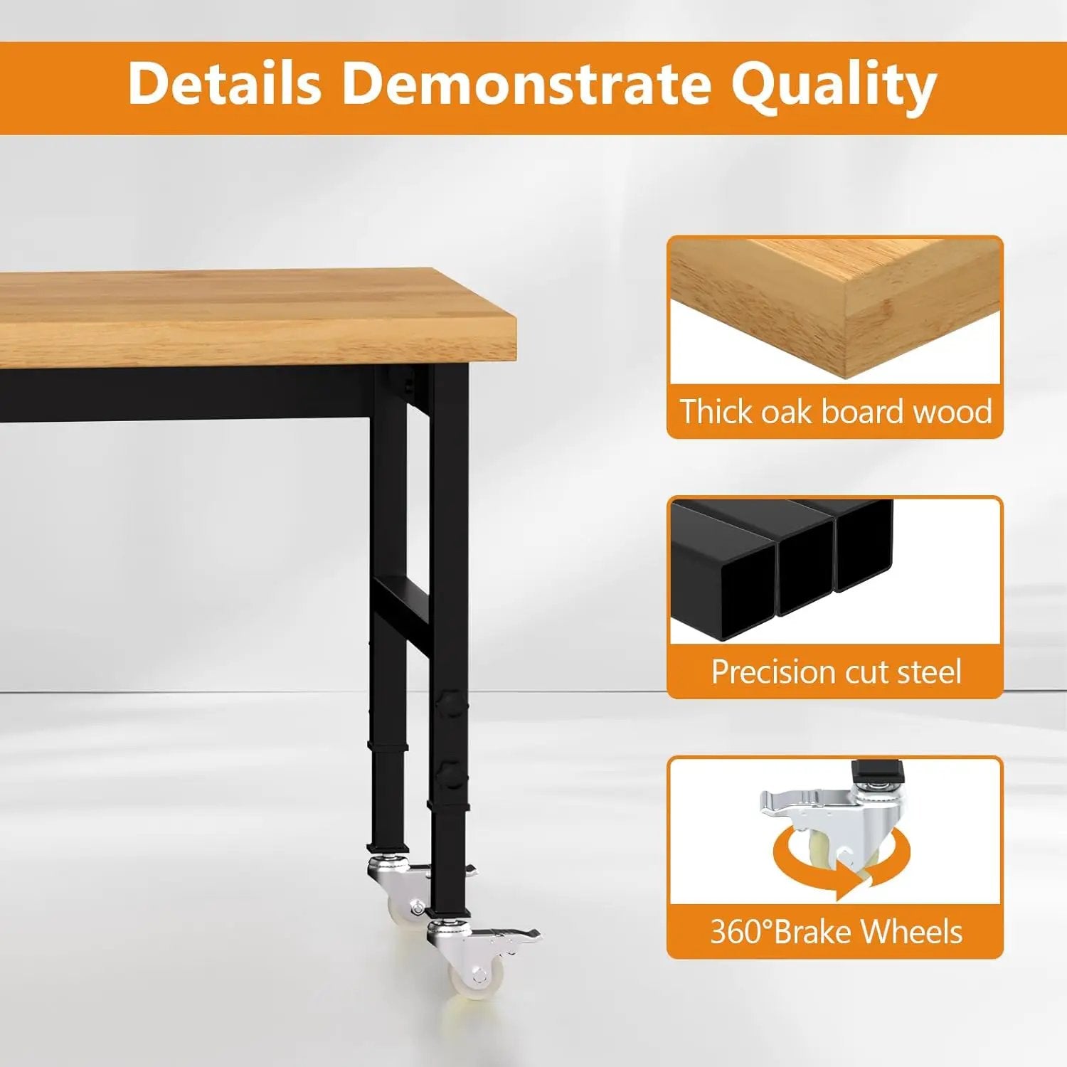 48" Work Bench, Adjustable Height Work Table with Power Outlets and Wheels, 2000 Lbs Capacity Heavy-Duty Hardwood Top Workstation for Garage, Workshop, Office, Home by GreenHaven Gardens