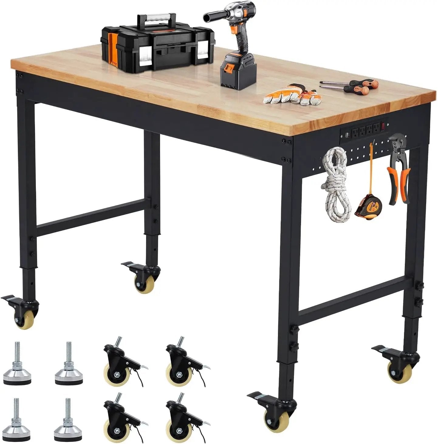 60'' Adjustable Workbench on Wheels, 2000LBS Heavy Duty Worktable with Power Outlets, Rubberwood Workstation for Workshop, Garage, Office, Home by GreenHaven Gardens