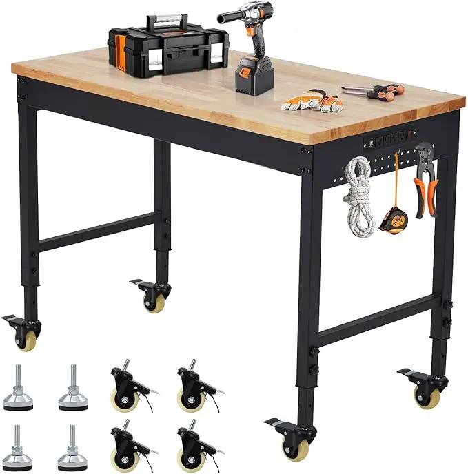 48'' Adjustable Workbench on Wheels, 2000LBS Heavy Duty Worktable with Power Outlets & Drawers & Pegboard, Rubberwood Workstation for Workshop, Garage, Office, Home by GreenHaven Gardens