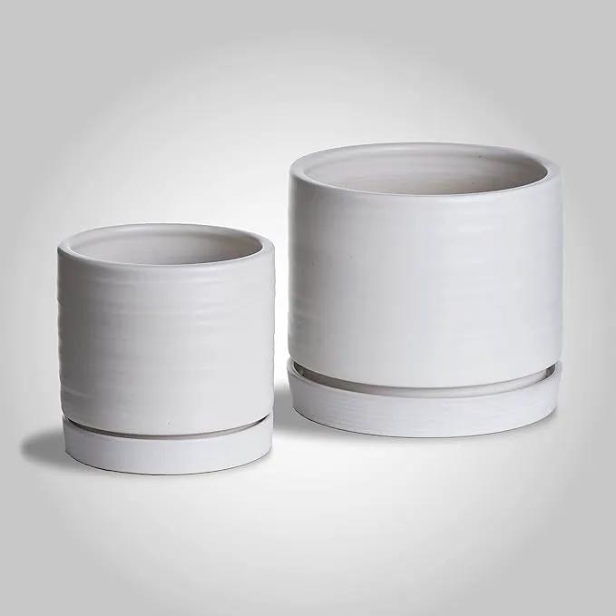 6 + 8 Inch Plant Pots, Ceramic Planter Pot with Drainage Hole & Saucer, Indoor/Outdoor Cylinder Round Planter Pot, Matte White by GreenHaven Gardens