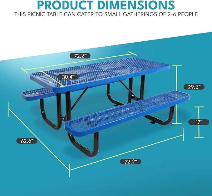 6 ft. Rectangular Outdoor Steel Picnic Table with Umbrella Pole, Heavy-Duty Weather-Resistant Dining Table for Patio, Backyard, and Garden, Rust-Resistant Finish, Blue by GreenHaven Gardens