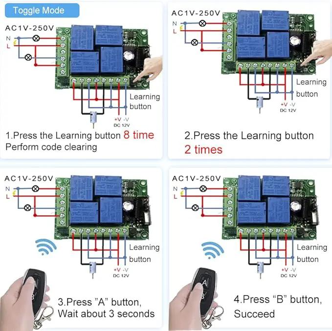 QIACHIP Universal 12V 4CH Wireless Relay Remote Module Switch RF 433Mhz with Remote Control Key Fob 2 Transmitters 1 Receiver for Light Garage Door Electric Gate,Momentary Toggle Latched(KR1204) by GreenHaven Gardens