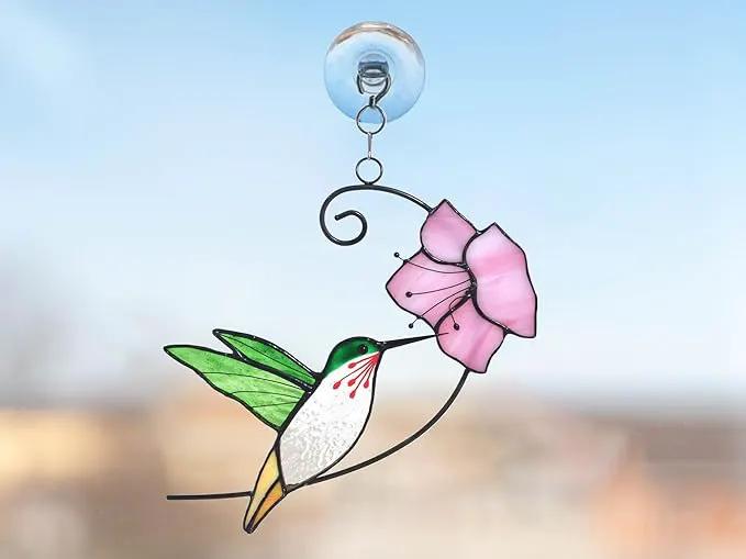 Lolitarcrafts Hummingbird with Flower Stained Glass Suncatcher Bird Stained Glass Window Hangings Hummingbird Gift for Home Decor (Green with Flower) by GreenHaven Gardens