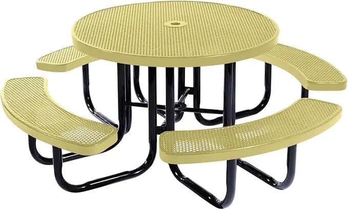 Heavy-Duty Portable Outdoor Picnic Table with Umbrella Hole, Punched Steel Commercial-Grade Patio Dining Furniture Made in America (46" Round Top, Textured Sandstone) by GreenHaven Gardens