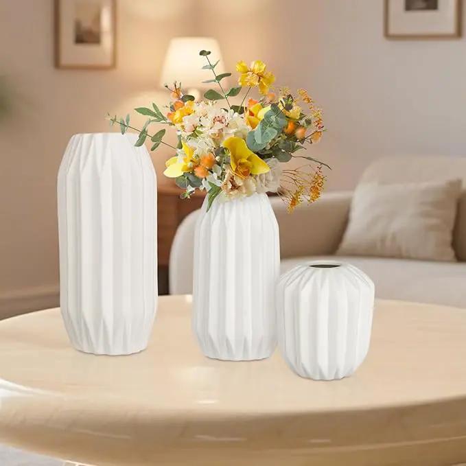 Ceramic Vase Set of 3, White Vase for Modern Home Decor, Decorative Vases for Bouquet Pampas Grass Dried Flowers, Living Room, Bedroom, Bathroom, Shelf Centerpiece Table Decorations by GreenHaven Gardens
