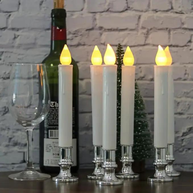 DRomance 9" Flameless Window Taper Candles Battery Operated with 8-Key Remote and Timer, 4 Pack White Christmas Holdiay Window Candles with Silver Holders, Suction Cups and AA Batteries Included by GreenHaven Gardens