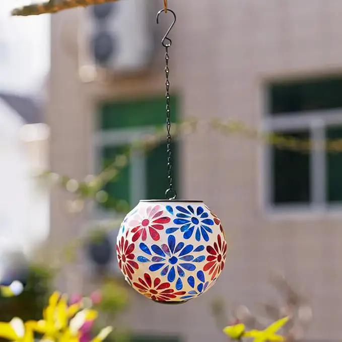 Solar Lanterns Outdoor Waterproof, Hanging Mosaic Flower Solar Lantern with Hook, Hanging Gazing Ball Globe Lantern for Garden Patio Yard Decor by GreenHaven Gardens