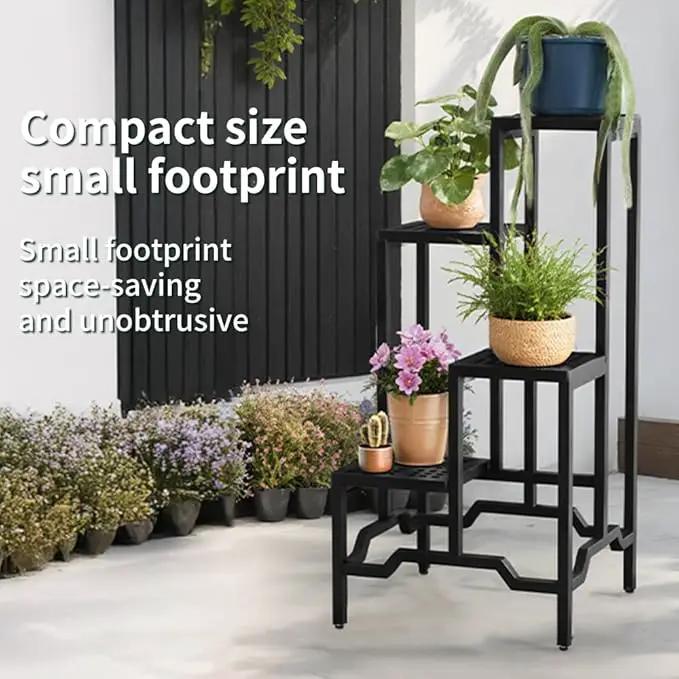 Plant Stand - Aluminum Indoor/Outdoor Flower Rack, Waterproof & Rust-Proof, Stable Support for Pots, Perfect for Living Room, Balcony, Garden, and Office (Black, 4 Tier) by GreenHaven Gardens